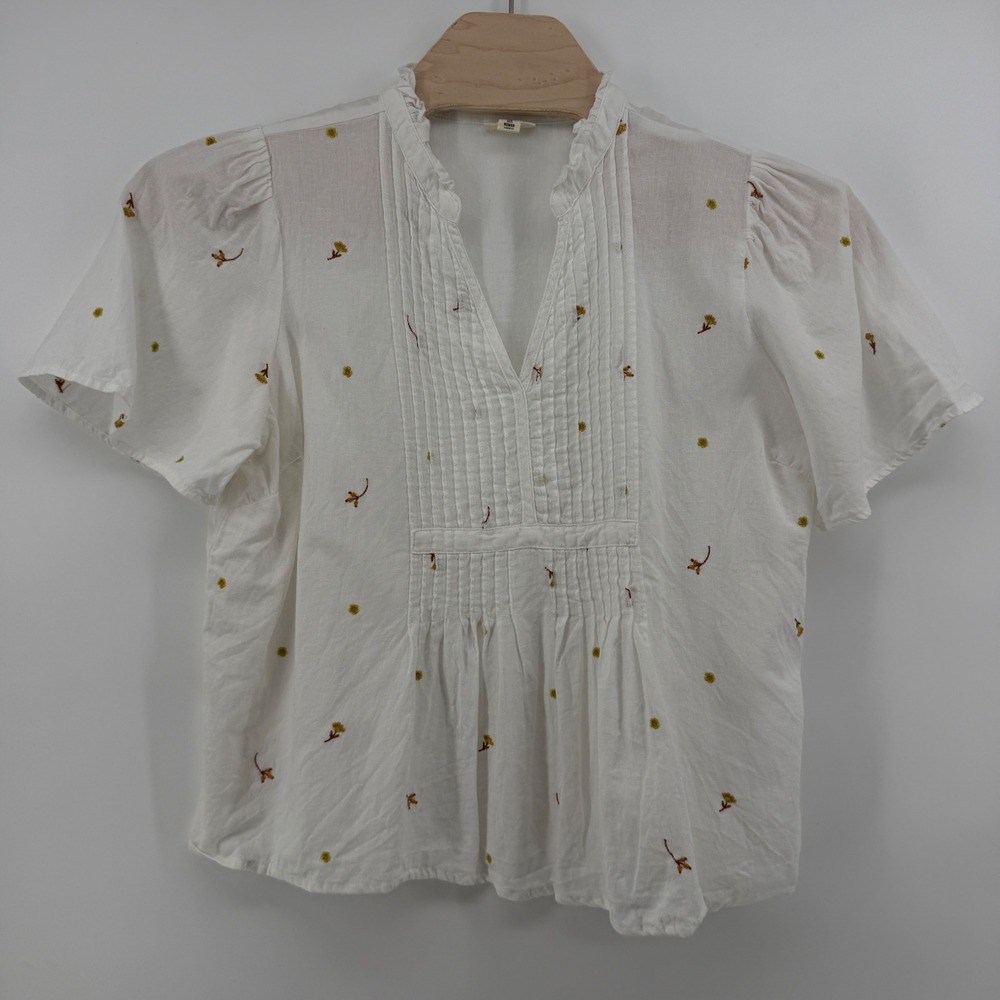 ana A New Approach White Floral Embroidered Linen Blend Pintuck Blouse 0X